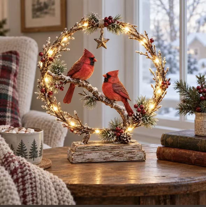 Decorative Christmas wreath with lights and birds