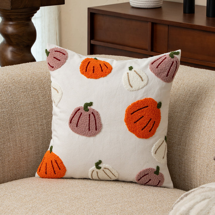Embroidered decorative pillow cover with ghost tufting and hidden zipper