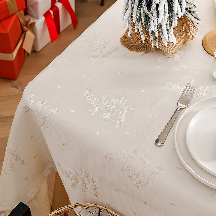 Rectangular premium table linen made of jacquard polyester with subtle frost floral embossing
