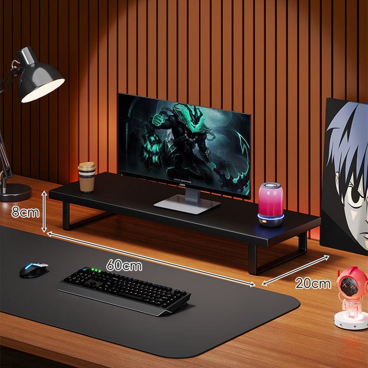 Elevated Wooden Monitor Riser Stand with Metal Bracket Legs and Cable-Friendly Desktop Shelf