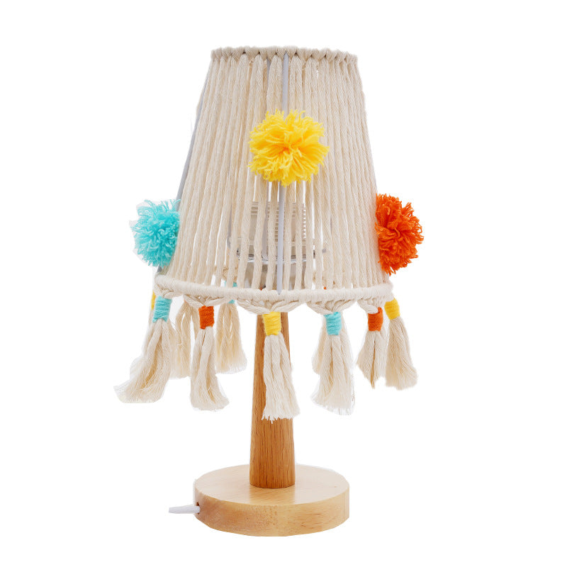 Macramé Table Lamp with Natural Wooden Base