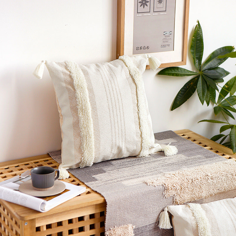 Square cotton pillow cover with fringe tassels and textured chenille stripes