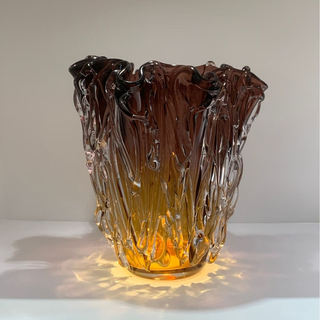 Handcrafted Ruffled-Edge Amber-to-Smoke Art Glass Decorative Vase Collection