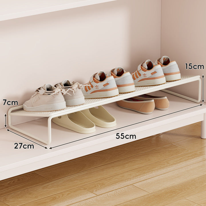 Under-Shelf Two-Level Shoe Rack Organizer with Elevated Mesh Top and Low-Profile Storage Base