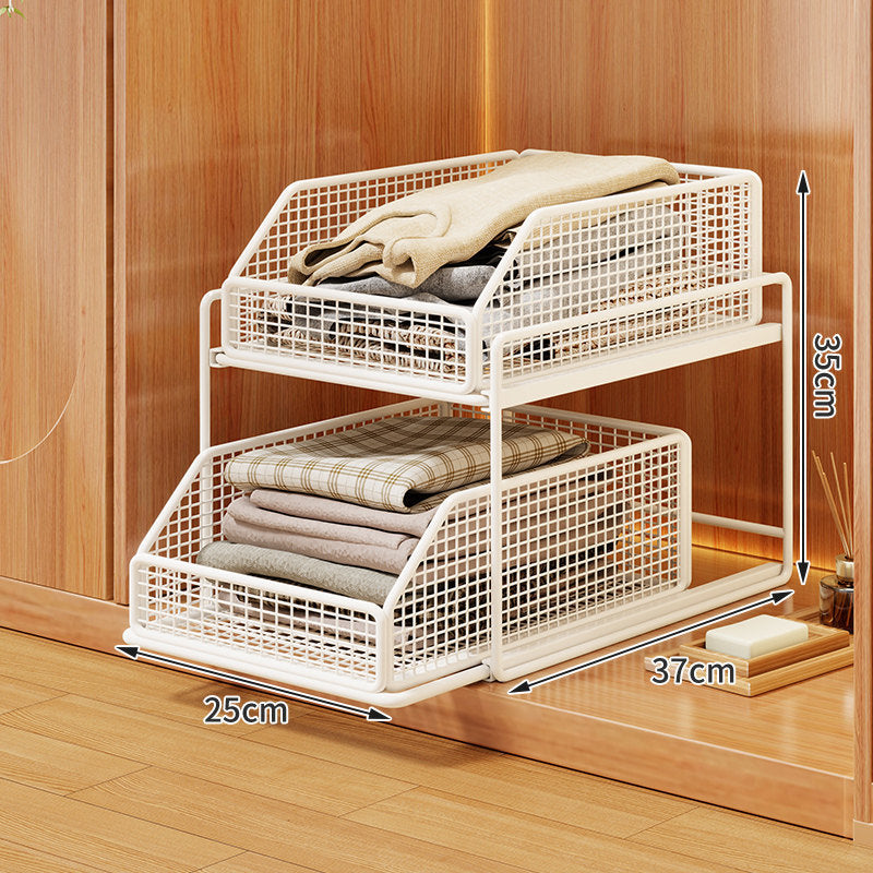 Two-Tier Pull-Out Wire Mesh Closet Organizer with Soft-Glide Slide and Stackable Drawers