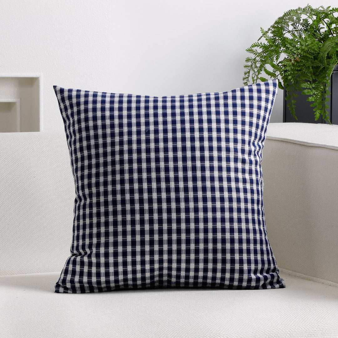 Gingham Check Cotton-Linen Square Throw Pillow Cover with Hidden Zipper