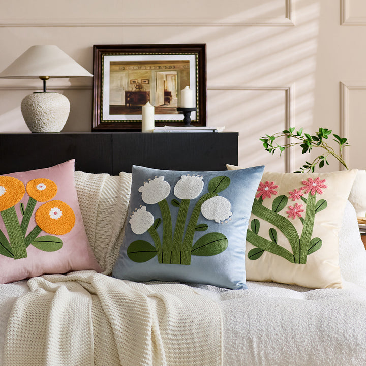 Square Velvet Appliqué Tufted Floral Accent Throw Pillow