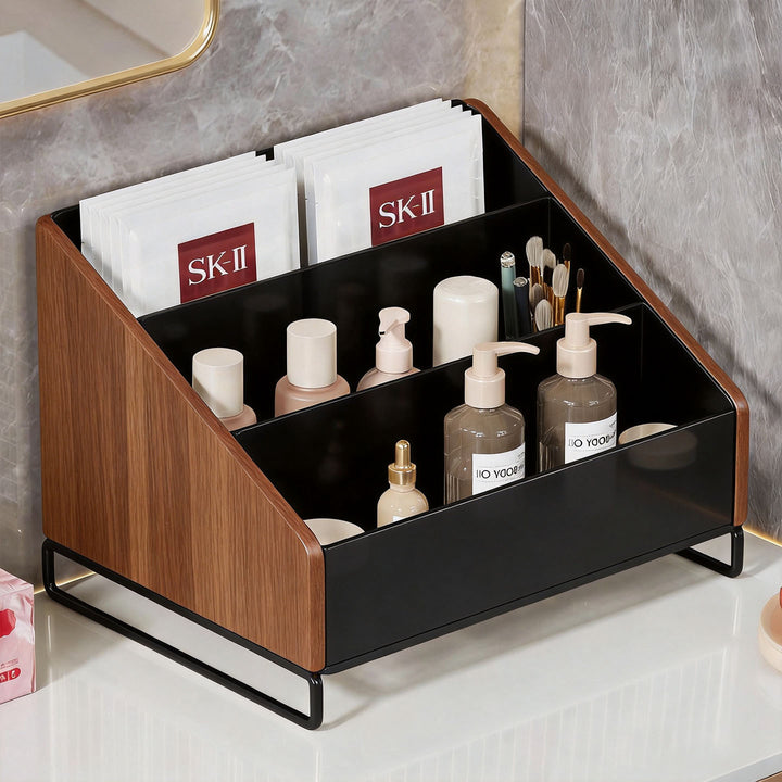 Tiered Walnut Cosmetic and Skincare Display Organizer with Angled Shelves and Removable Front Tray