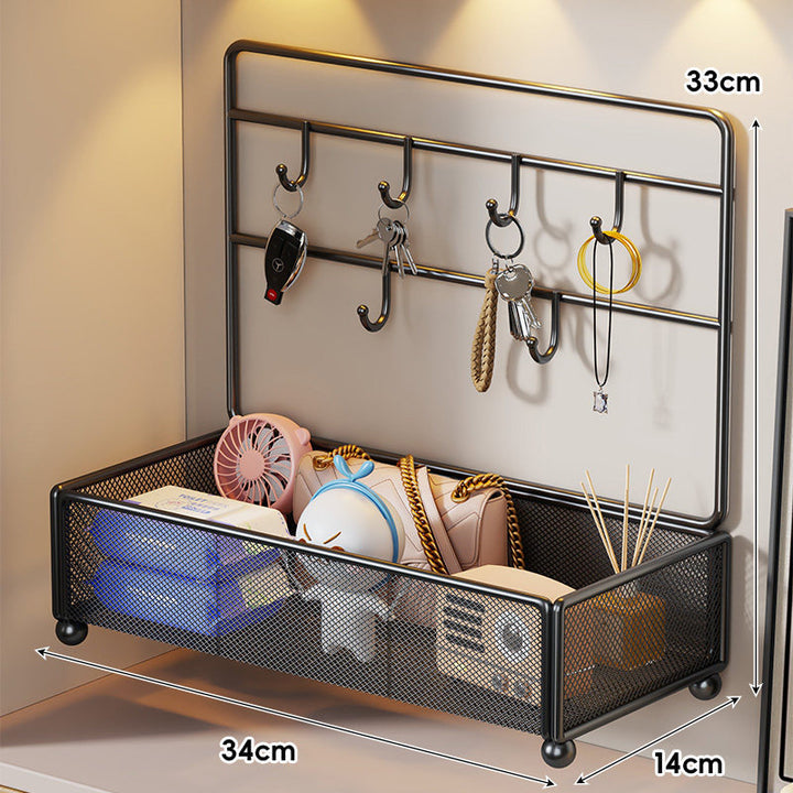 Mesh Two-Tier Entryway Organizer with Key Hooks and Deep Mesh Baskets