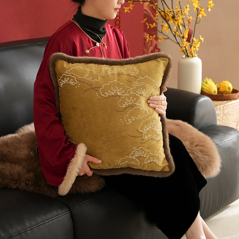 Square velvet cushion cover with intricate embroidery and faux fur trim