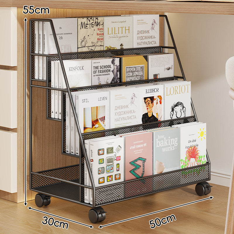 Angled Mesh Rolling Book and Magazine Display Rack with Slanted Shelves and Swivel Casters