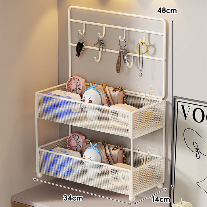 Mesh Two-Tier Entryway Organizer with Key Hooks and Deep Mesh Baskets