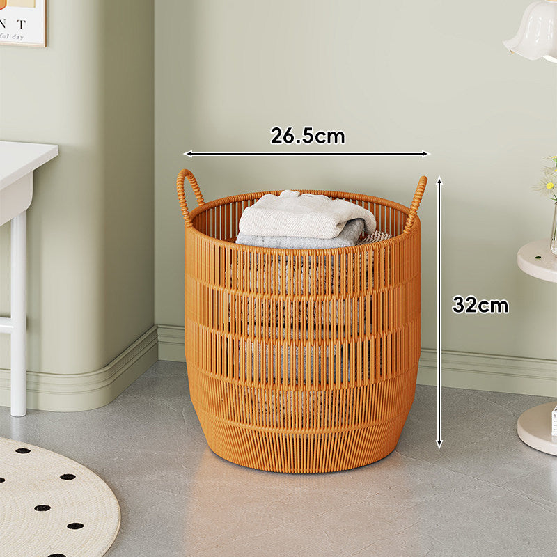 Handwoven Synthetic Rattan Round Laundry Hamper with Loop Handles