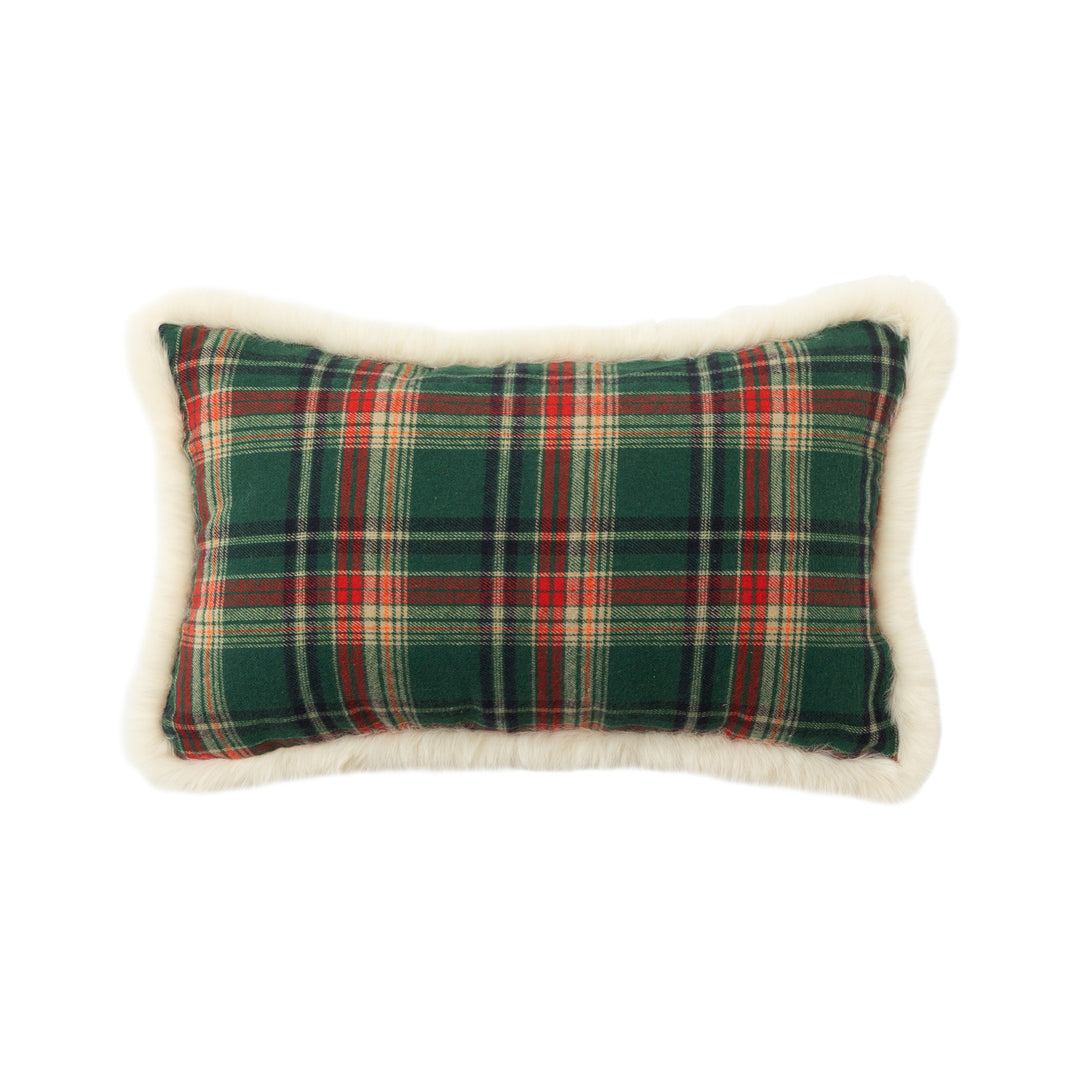 Christmas tree-shaped decorative pillow made of checked flannel with embroidered appliqués