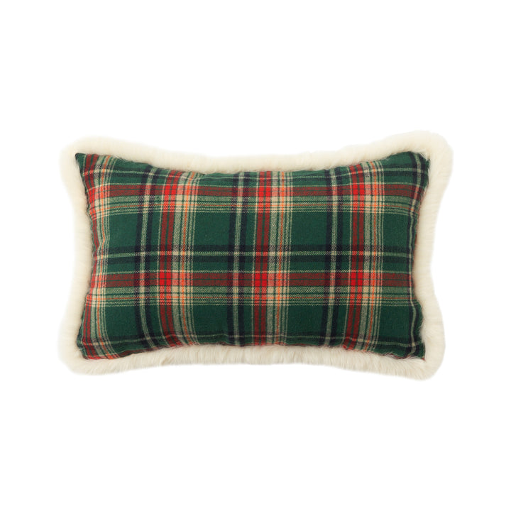 Christmas tree-shaped decorative pillow made of checked flannel with embroidered appliqués