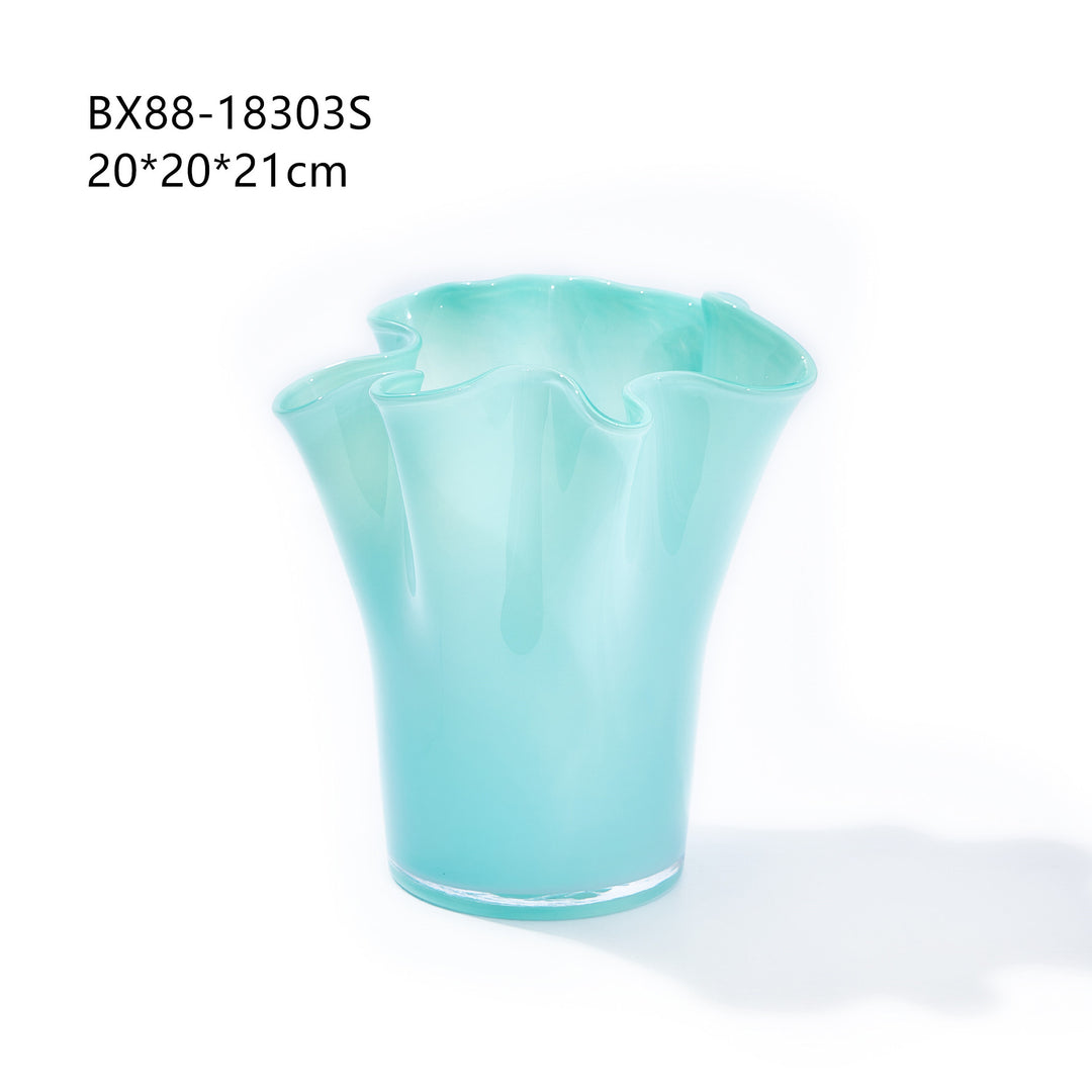 Hand-Blown Fluted Art Glass Vase with Ruffled Rim