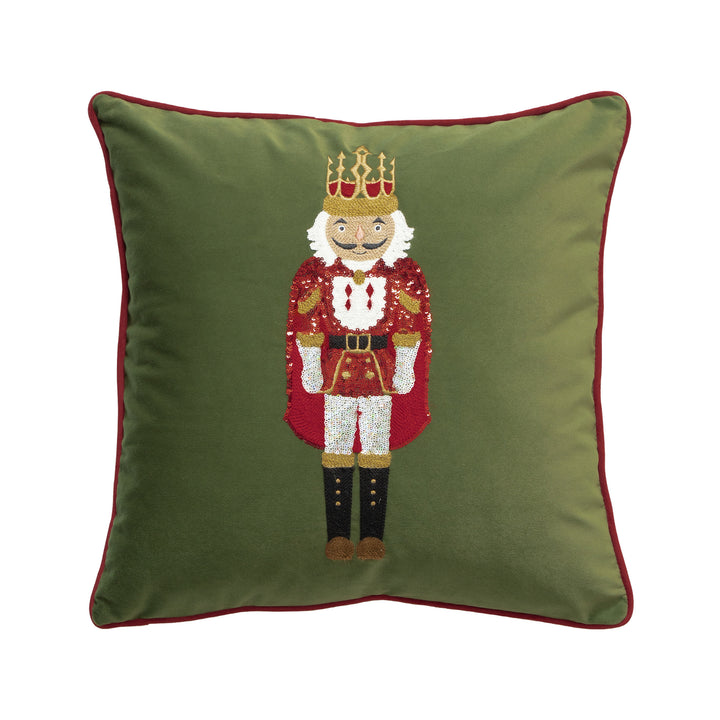 Christmas decorative pillow with nutcracker embroidery and piping edge