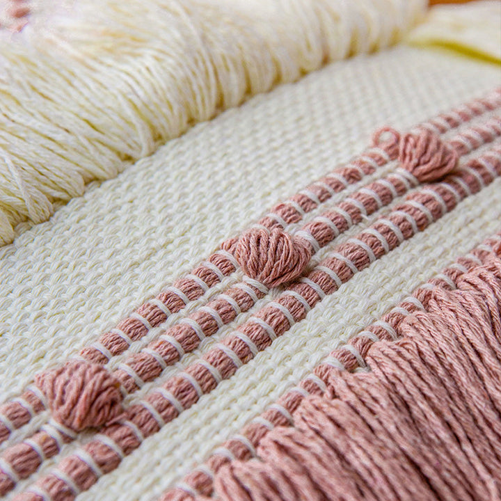 Woven decorative cushion cover with 3D dot structure and layered fringes
