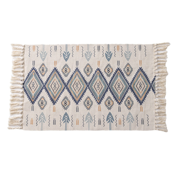 Handwoven cotton table runner with mandala jacquard and decorative fringes