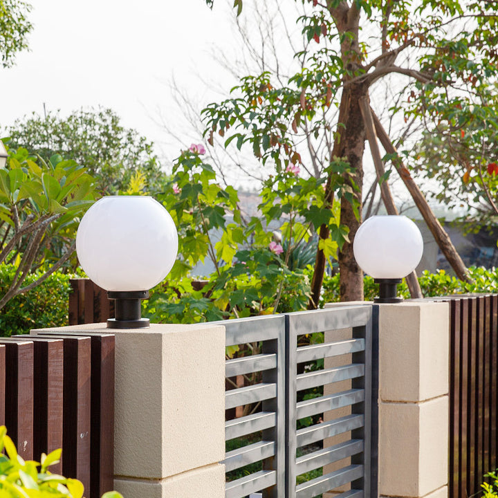 Outdoor Spherical Opal Glass Column Post Light with Brushed Stainless Steel Base