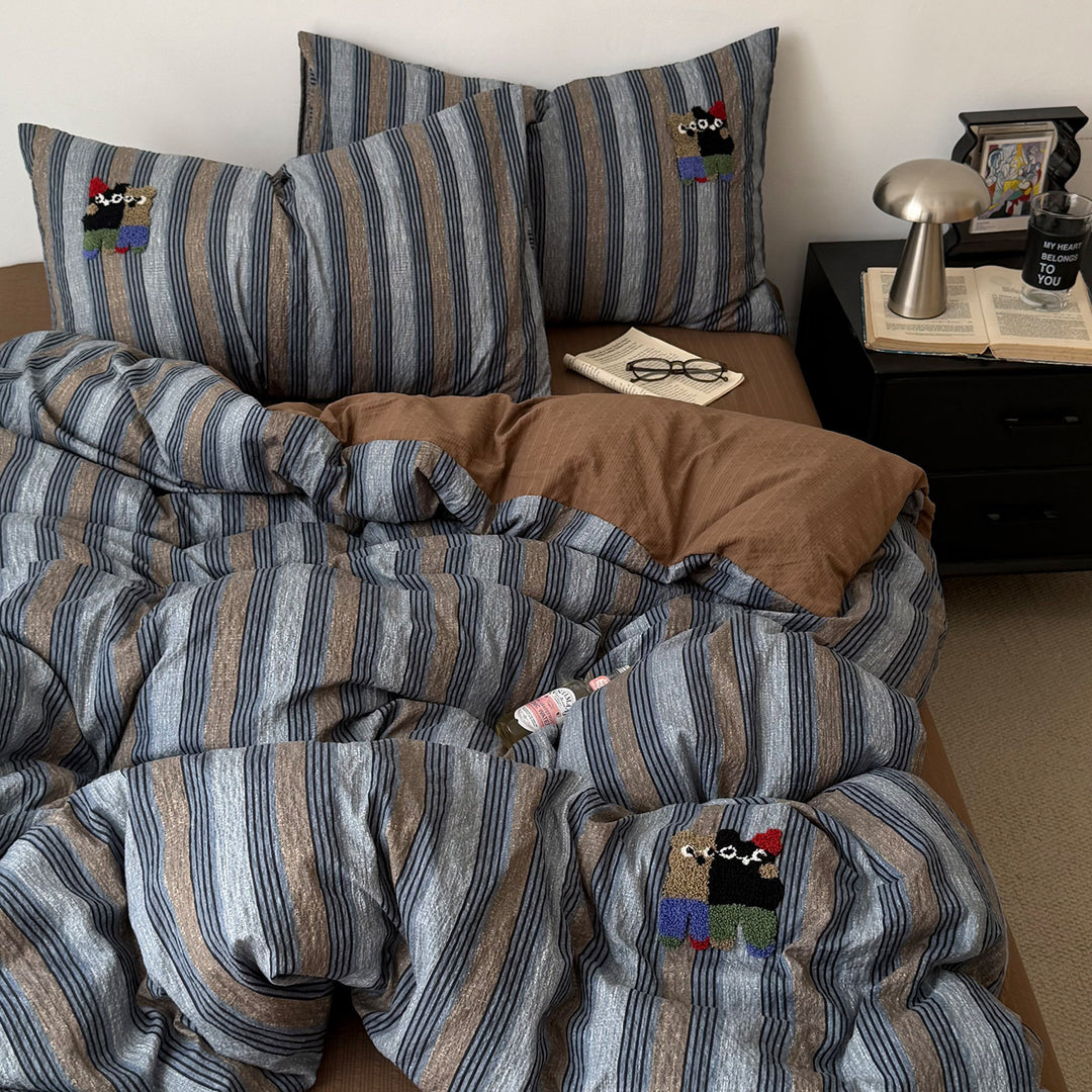 Striped Cotton Duvet Cover Set with Decorative Embroidery