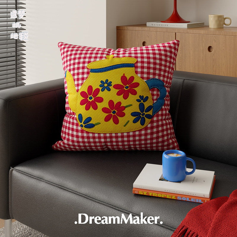 Decorative Gingham Appliqué Coffee Cup Throw Pillow Cover