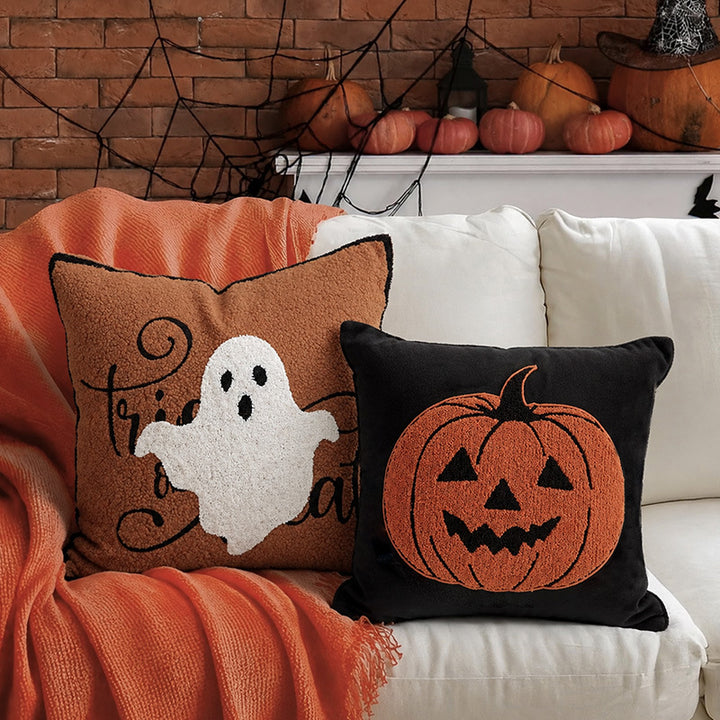 Decorative Halloween cushion cover with embroidered ghost