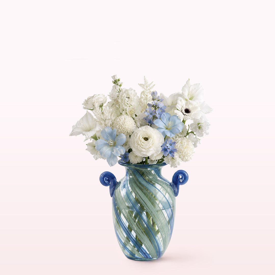 Swirled Hand-Blown Glass Amphora Vase with Spiral Scroll Handles