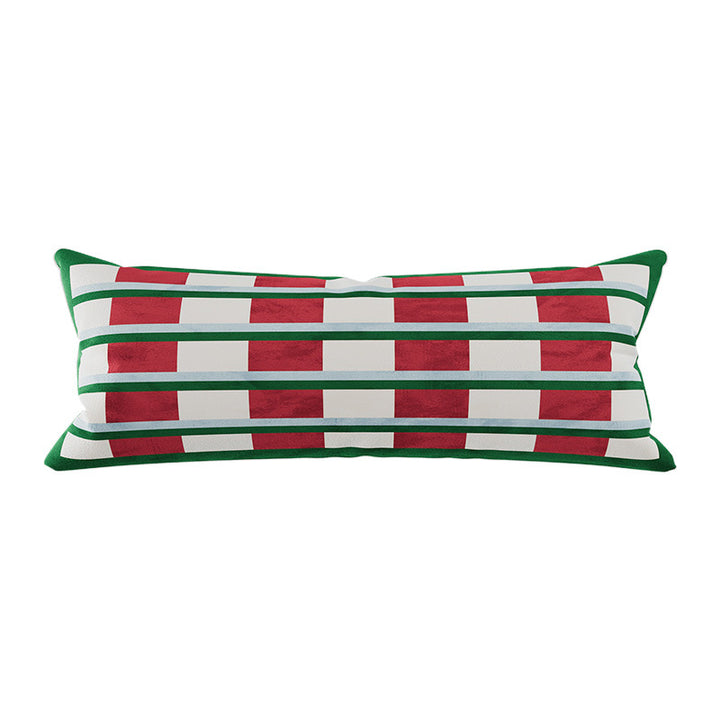 Long Lumbar Velvet Pillow Cover with Checkerboard Textured Panel and Hidden Zipper