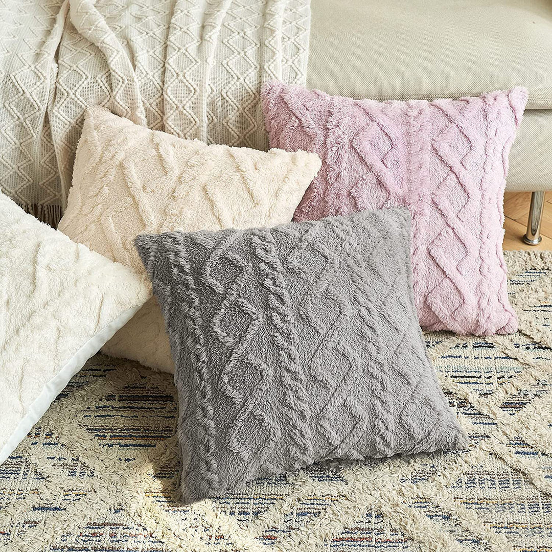 Textured Plush Shag Square Decorative Throw Pillow Cover with Geometric Tufting
