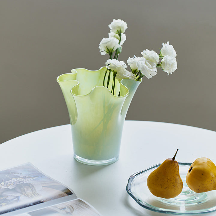 Hand-Blown Fluted Art Glass Vase with Ruffled Rim