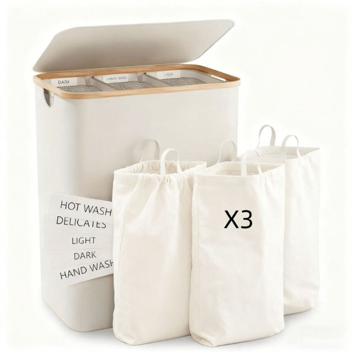 Laundry separation system with three compartments and removable inner pockets