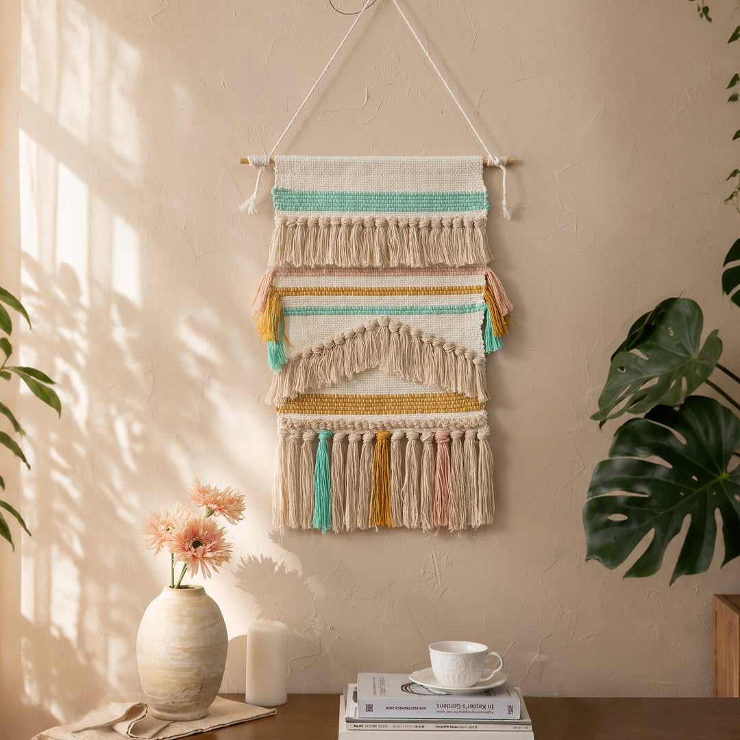 Macrame Wall Hanging with Fringe, hand-knotted cotton texture