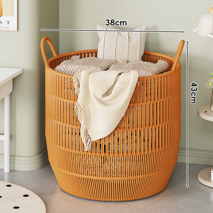 Handwoven Synthetic Rattan Round Laundry Hamper with Loop Handles