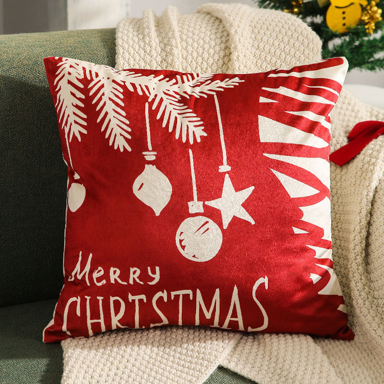 Festive Velvet Square Throw Pillow Cover with Snowman Seasonal Script