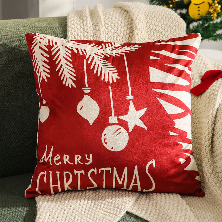 Festive Velvet Square Throw Pillow Cover with Snowman Seasonal Script