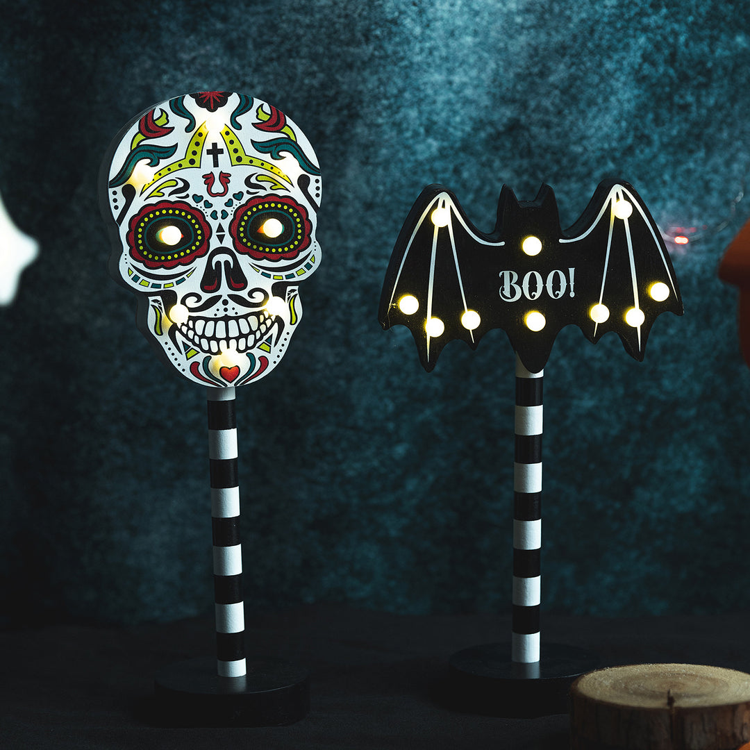 Day of the Dead LED Sugar Skull Table Accent Lamp on Striped Pole