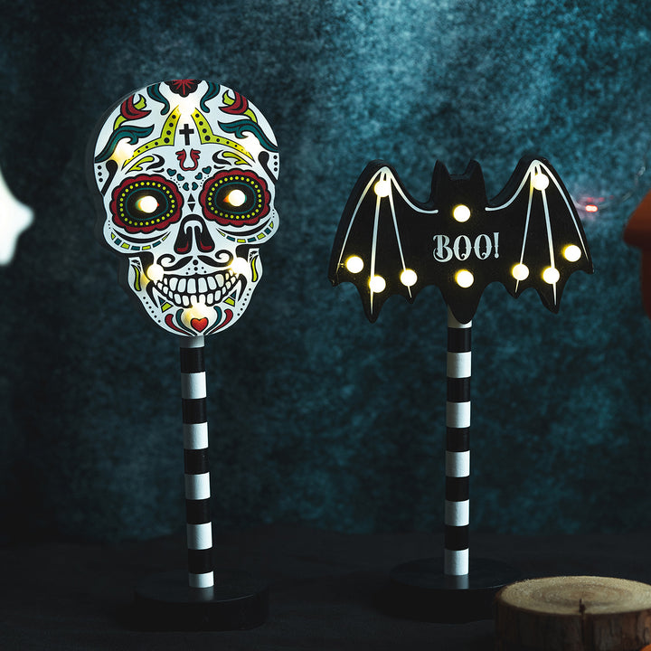 Day of the Dead LED Sugar Skull Table Accent Lamp on Striped Pole