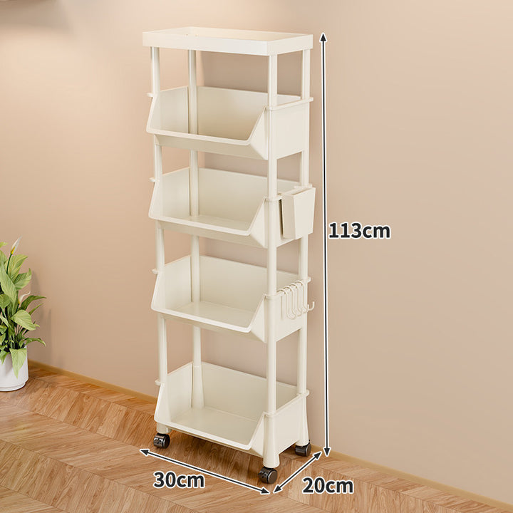Slim Vertical Four-Bin Rolling Storage Tower with Deep Angled Bins and Side Hook
