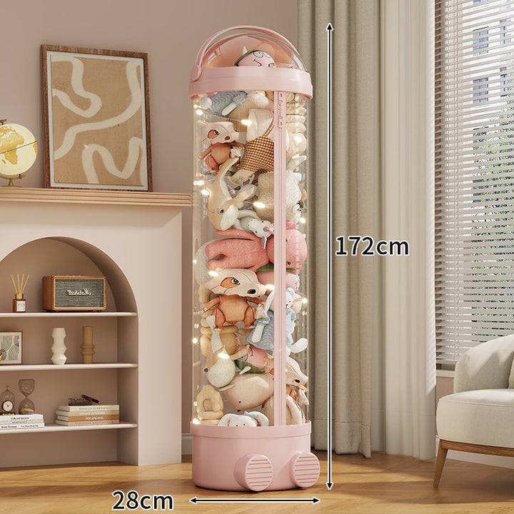 Tall Cylindrical Toy and Plush Storage Organizer with Clear Zip Cover and Rolling Vent Base