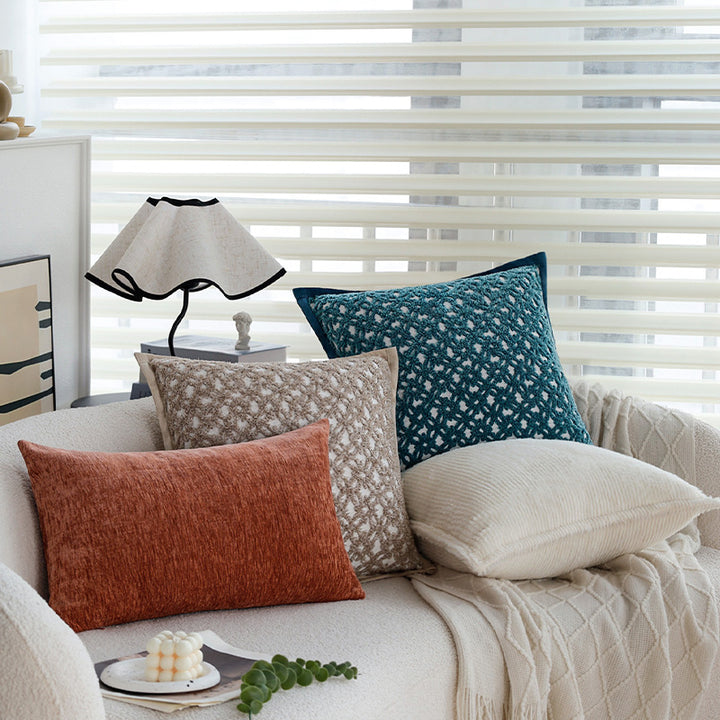 Square sofa cushion cover made of textured plush with fine piping