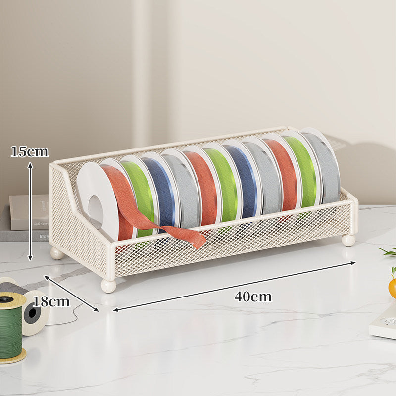Metal Mesh Ribbon and Tape Spool Organizer with Integrated Scissor Slot