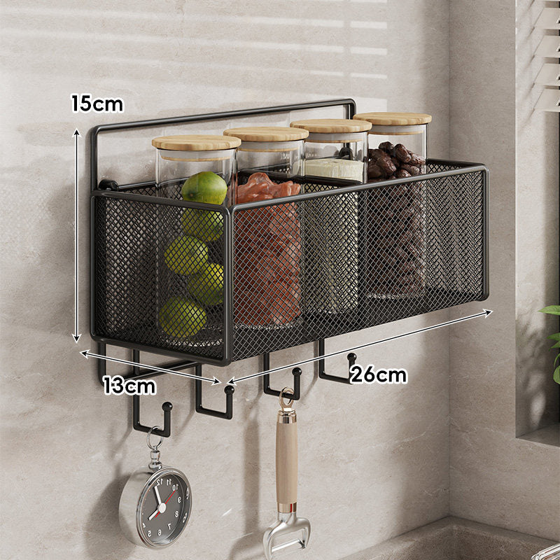 Wall-Mounted Mesh Multi-Purpose Kitchen Shelf with Hooks and Ventilated Basket