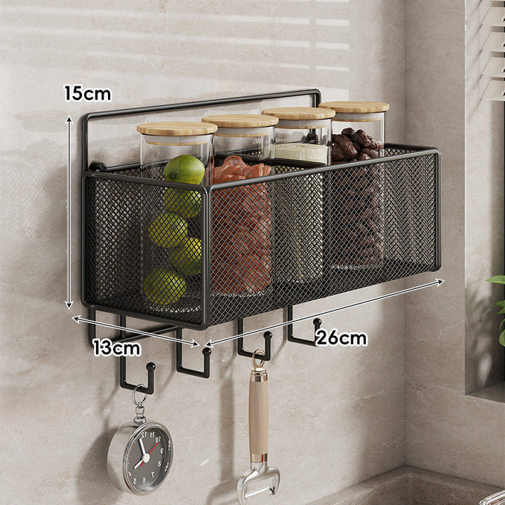 Wall-Mounted Mesh Multi-Purpose Kitchen Shelf with Hooks and Ventilated Basket