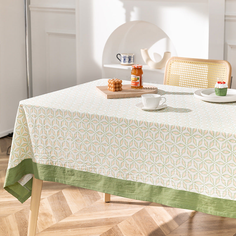 Rectangular printed tablecloth with wide hem and geometric pattern