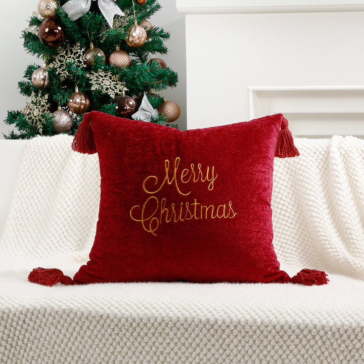 Square Velvet Embroidered Snowflake Pillow Cover with Corner Tassels