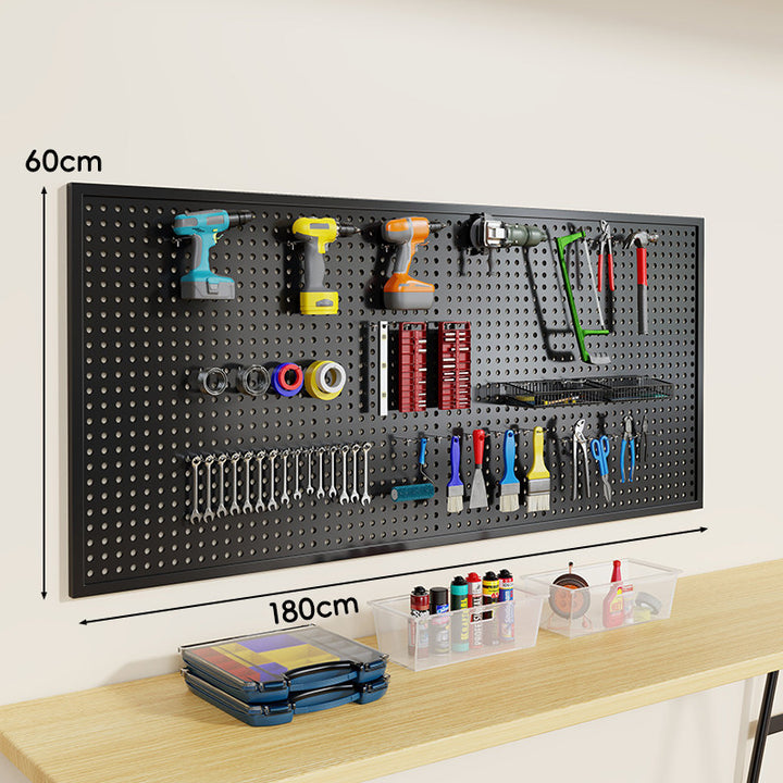 Heavy-Duty Wall-Mounted Perforated Steel Pegboard Tool Organizer with Modular Hooks and Shelf
