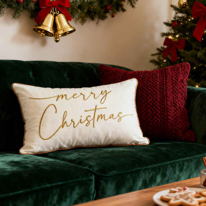 Decorative Holiday Throw Pillow with Gold Script Embroidery
