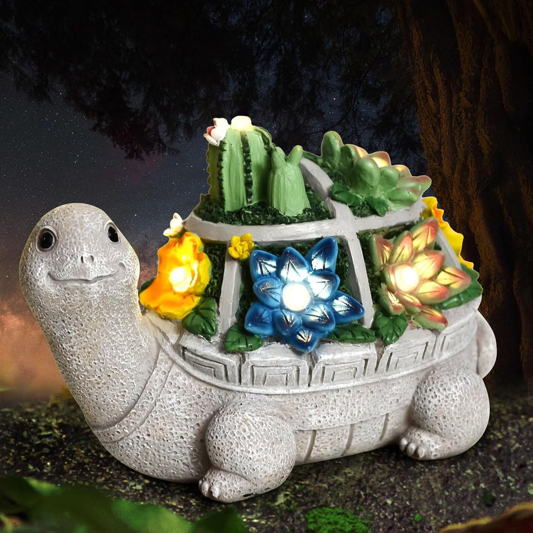 Playful Solar-Powered LED Garden Statue Frog on Turtle Resin Ornament