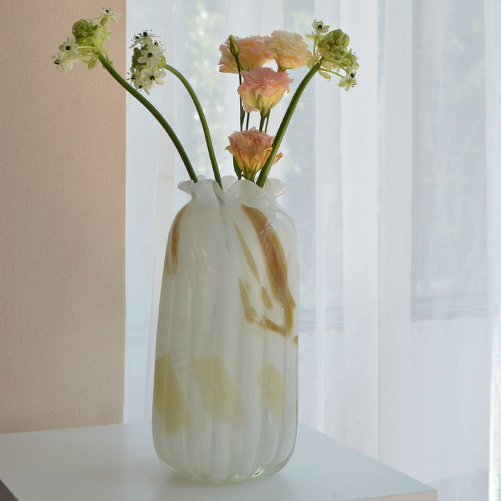 Hand-Blown Marbled Tall Glass Vase with Ruffled Lip and Sculpted Swirl Pattern